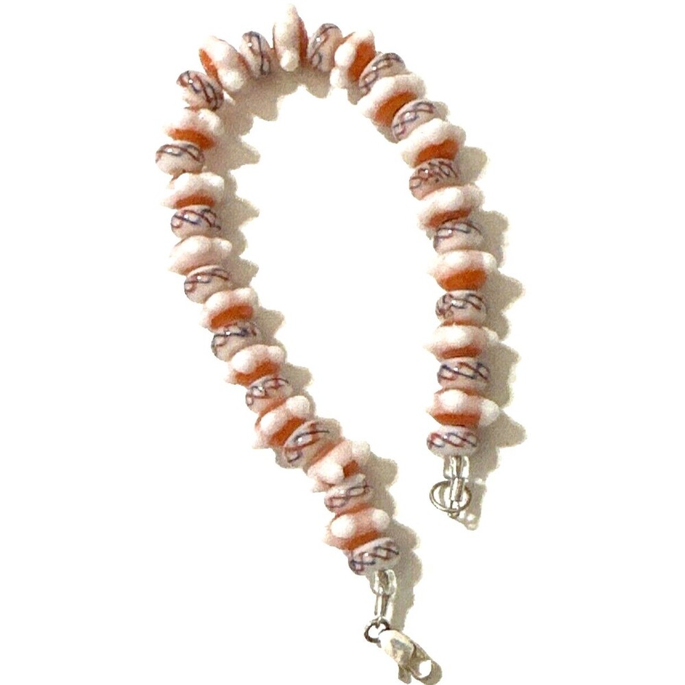 Boho Lampwork Glass Bead Bracelet Pink Blue Sterling Silver 925 Clasp 7.5"